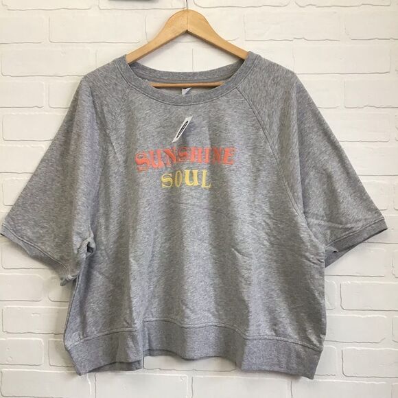 BOXY sweatshirt Retro crop Short sleeve soft Old Navy grey graphic sunshine soul - Picture 11 of 12